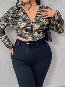 Celure Plus Size Women'S Cropped Camo Printed Drawstring Sweatshirt - Multicolor - View 4