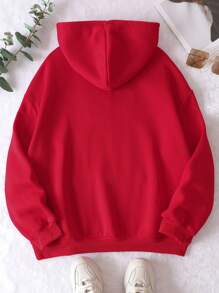 加大码熊猫印花口袋抽绳保暖卫衣，适合秋冬季节穿着，女士秋季服装 - 紅色 - 查看 2