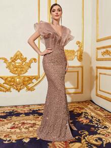 Faeriesty 女士优雅荷叶边领长款晚礼服 - 开衩鱼尾裙摆，闪亮亮片面料，修身剪裁 | 完美适用于正式晚宴和婚礼 | 搭配吸睛珠宝和细高跟鞋，打造夏季度假造型