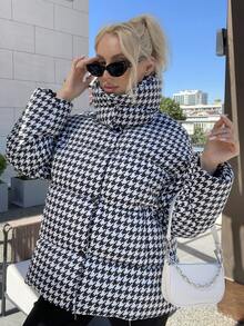 Houndstooth Print Padded Coat - Black and White - View 3