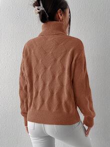 SHEIN Essnce 珍珠串珠高領落肩袖套頭毛衣 - 棕色 - 查看 2