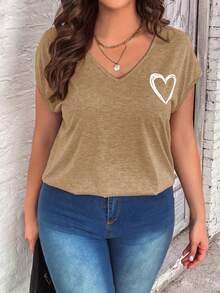 SHEIN LUNE Plus Heart Print Batwing Sleeve Tee - Camel - View 5