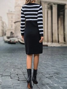 條紋圖案毛衣洋裝 - 黑色 - 查看 2
