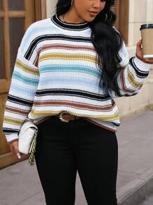 Calvaya 大碼條紋圖案落肩袖套頭毛衣 - 彩色 - 查看 5