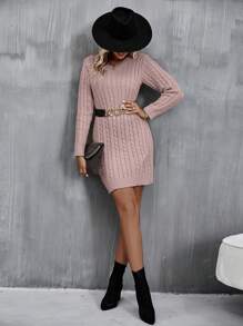 SHEIN Privé Cable Knit Sweater Dress Without Belt - Baby Pink - View 6