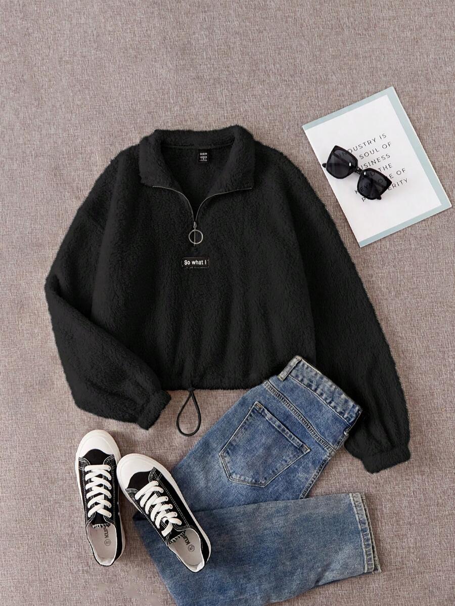 SHEIN EZwear Thư được vá Viền kéo ra Lông cừu Áo nỉ - màu đen - Xem 1