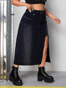 SHEIN ICON Hơn Chi tiết đáng kinh ngạc Tách đùi Váy Denim Không có thắt lưng - màu đen - Xem 5