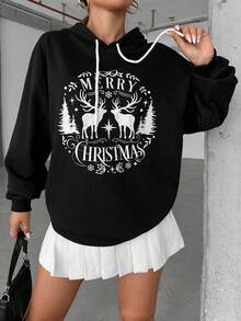 EURMUSE Christmas Print Drop Shoulder Drawstring Hoodie - الأسود - مشاهدة 6