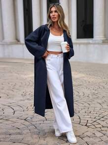 EURMUSE 女式純色翻領落肩毛呢大衣 - 藏蓝色 - 查看 4