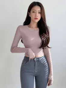 DAZY 女士短款长袖T恤，秋季服装 - 淡紫色 - 查看 3