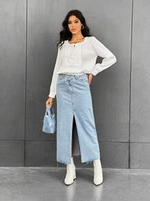 SHEIN Essnce Women's Frill Hem Pleated Shirt - White - View 4