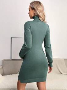SHEIN Maternity High Neck Drop Shoulder Button Front Sweater Dress, For Winter - Green - View 2