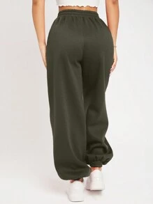 SHEIN PETITE Pantalones deportivos unicolor de cintura elástica - Verde Oscuro - Ver 2