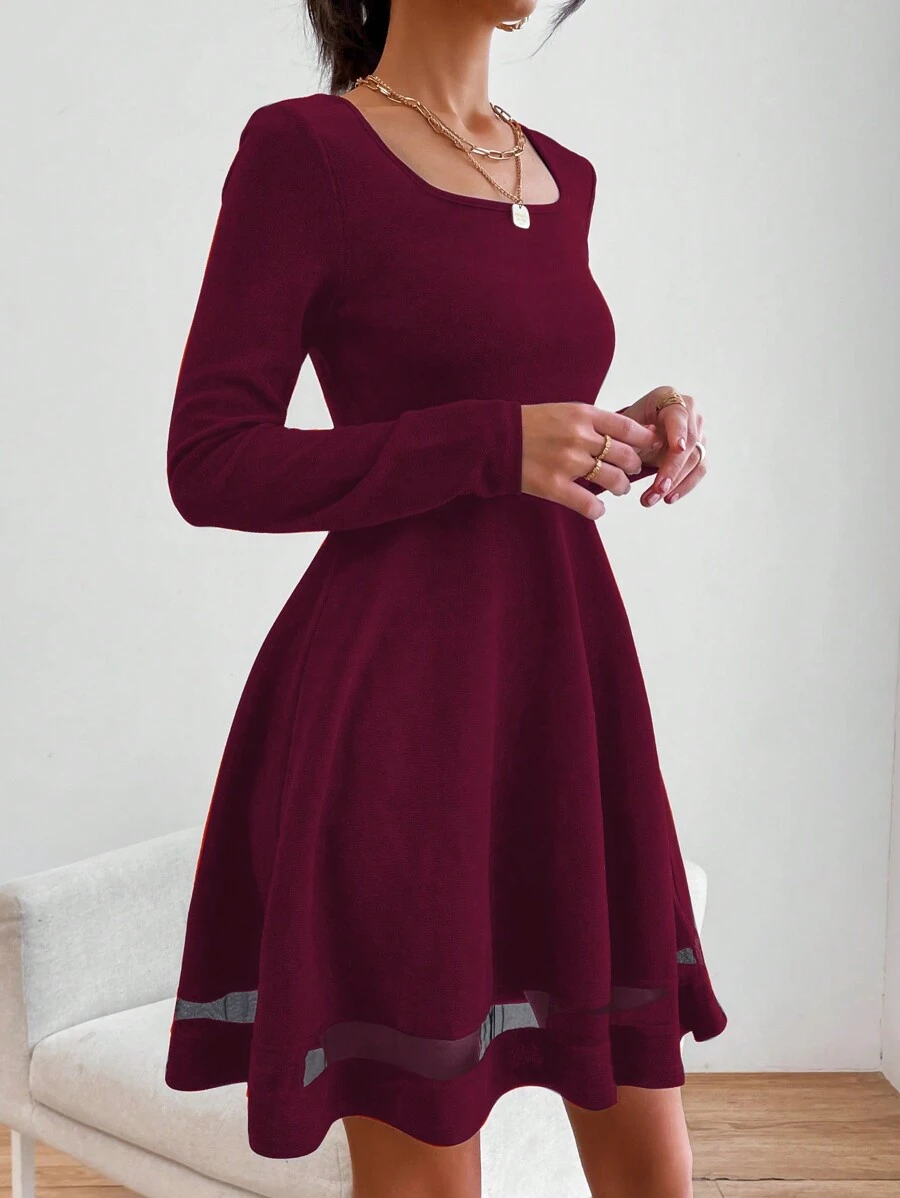 EURMUSE Mesh Detail Long Sleeve Dress - Maroon - View 1