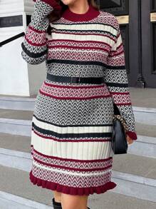 SHEIN LUNE Plus Geo Pattern Flare Sleeve Ruffle Hem Sweater Dress - Multicolor - View 1