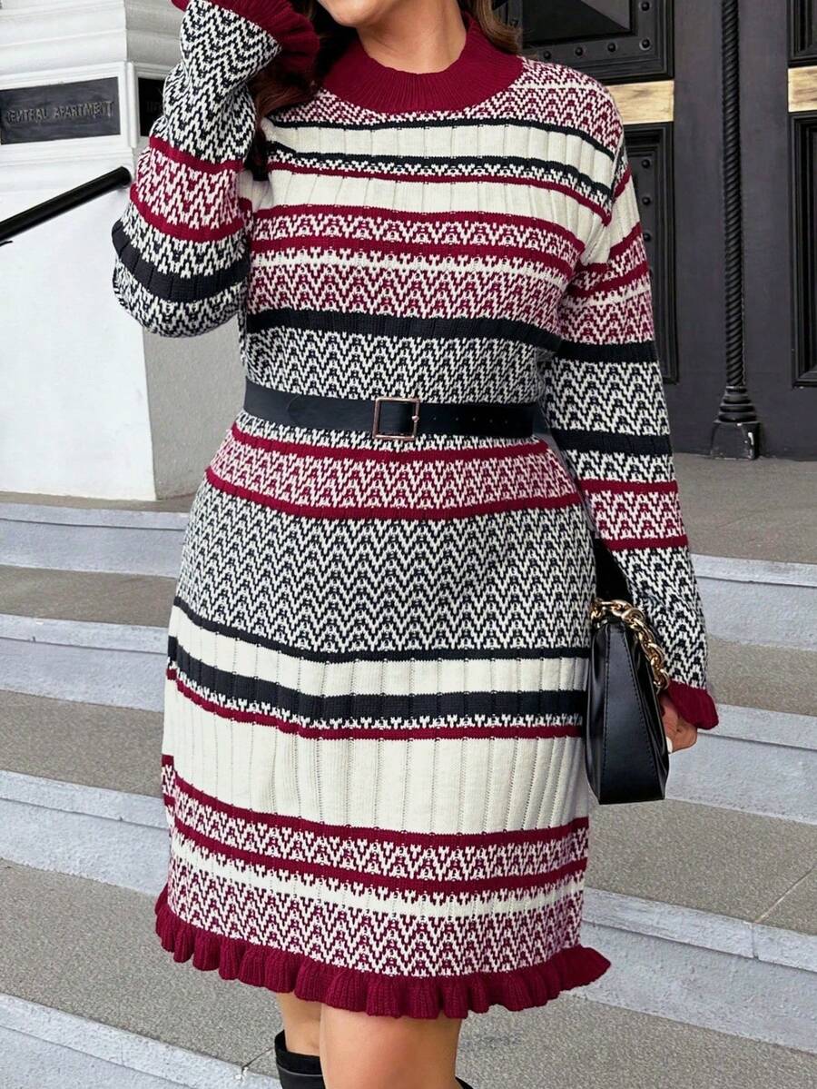 SHEIN LUNE Plus Geo Pattern Flare Sleeve Ruffle Hem Sweater Dress - Multicolor - View 1
