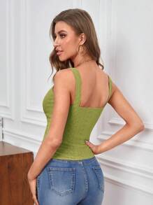 SHEIN Essnce 抽繩不對稱下擺網眼刺繡吊帶上衣 - 橄欖綠 - 查看 2