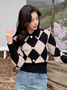 DAZY Diamond Plaid Cardigan Sweater With Front Buttons - Black - View 6