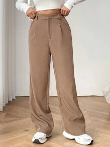 SHEIN EZwear 拼接細節闊腿西裝褲 - 摩卡棕 - 查看 4