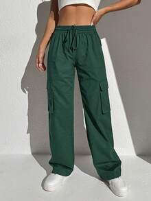 RueChic Pantalones Largos Con Cintura Ajustable Con Cordón Y Bolsillos Laterales Con Solapa - Verde - Ver 5