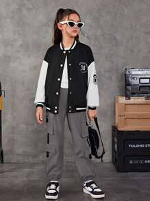SHEIN Tween Girl Letter Patched Detail Flap Pocket Side Cargo Pants - Grey - View 3