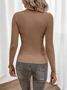 EURMUSE Solid Boat Neck Ribbed Knit Sweater - Mocha Brown - View 2