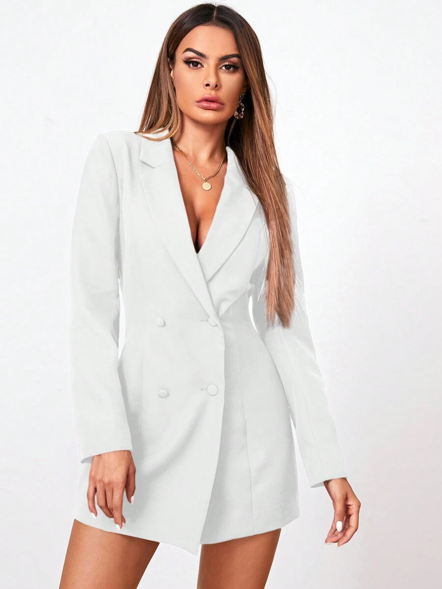 Solid Double Breasted Blazer Dress - White - View 1