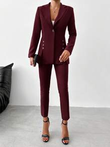 EURMUSE Women'S Solid Color Suit Set With Lapel Collar Jacket And Pants - Maroon - View 5