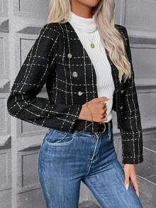 SHEIN Privé Plaid Double Breasted Crop Tweed Jacket - Black - View 5