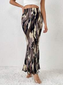 SHEIN Clasi 滿版印花褶皺木耳邊半身裙 - 軍綠色 - 查看 3