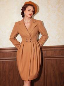 Vintamour Lapel Neck Fold Pleated Overcoat - Brown - View 7