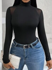 SHEIN VaVaLuxe 高領網紗拼接T恤 - 黑色 - 查看 3