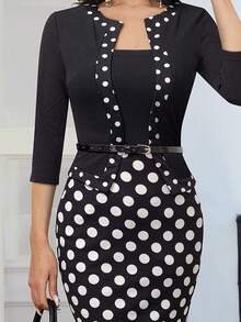 欧美风格女式复古印花拼色紧身办公室连衣裙，采用二合一设计 - 黑色 - 查看 4