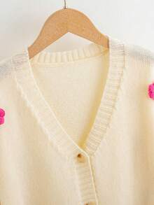 青少年女孩花卉圖案補丁貼落肩袖開襟衫 - 米色 - 查看 3