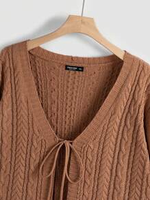 Flirla Plus Tie Front Cable Knit Cardigan - Brown - View 3