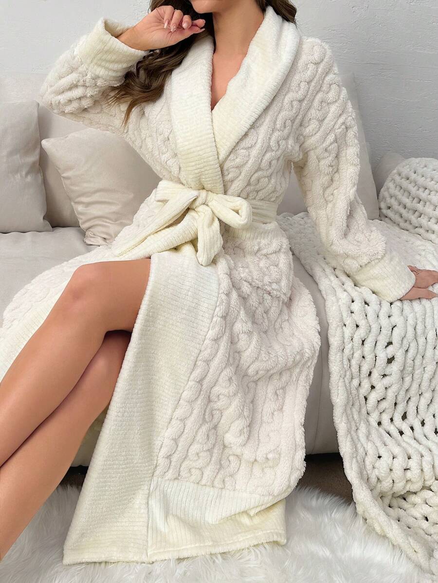 Shawl Collar Belted Cable Knit Lounge Robe, For Fall Winter, Cozy Outfit, Fluffy