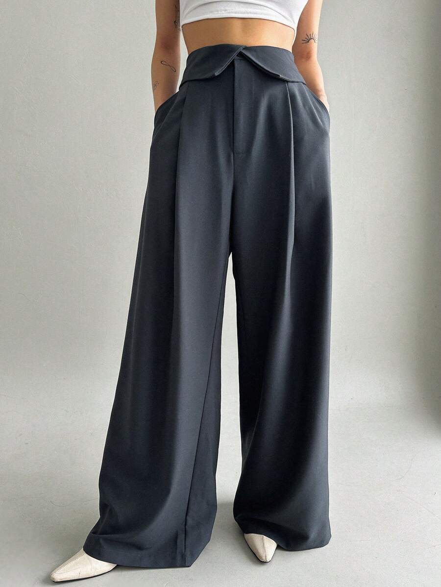 Dazy Star Solid Fold Waist Wide Leg Pants - Dark Grey - View 1