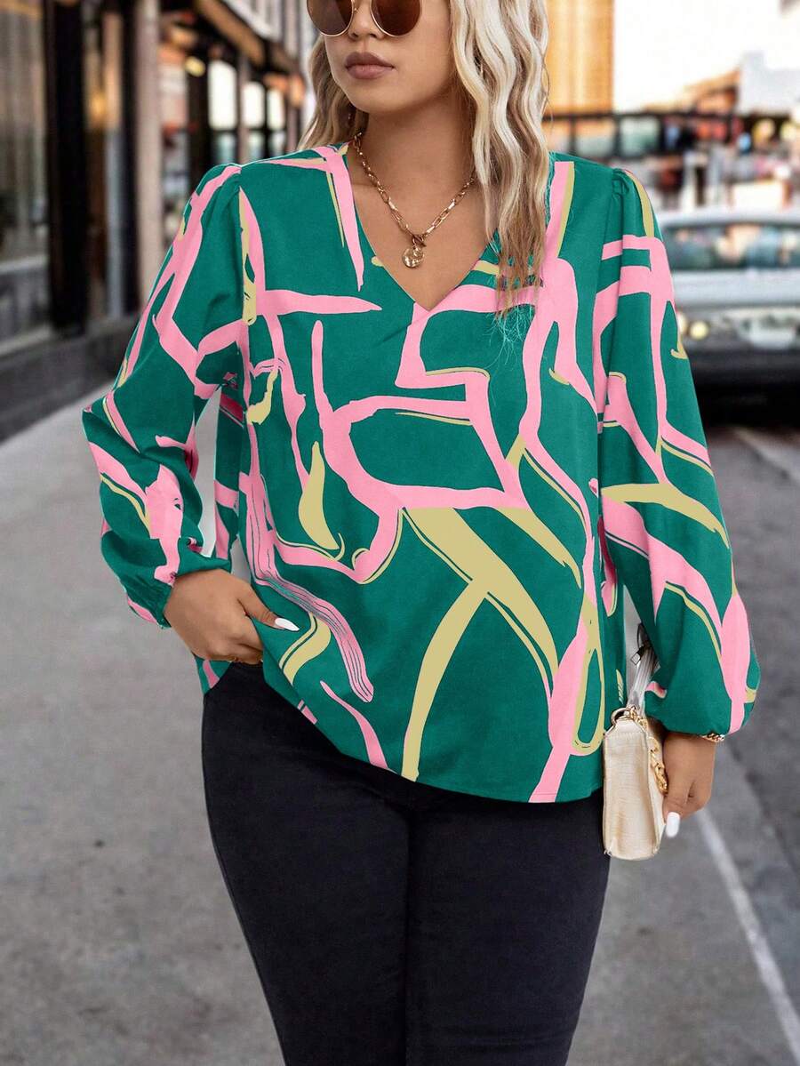 Calvaya Plus Allover Print Lantern Sleeve Blouse - Green - View 1