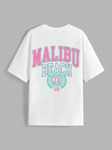 SHEIN EZwear 休闲海滩字母印花超大女式 T 恤，短袖，圆领，适合夏季 MALIBU BEACH PACIFIC COAST 73 SPORT TEAM USA，男女通用 - 白色 - 查看 3