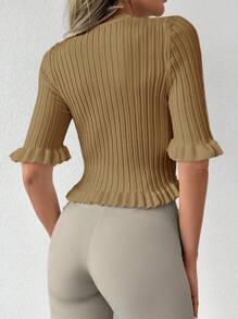 EURMUSE Flounce Sleeve Ruffle Hem Knit Top - Camel - View 2