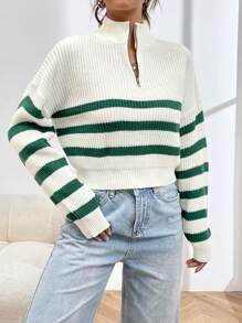 Flirla Striped Pattern Half Zip Drop Shoulder Sweater,Long Sleeve Tops Knit Pullover Fall Winter Outfit - Multicolor - View 6