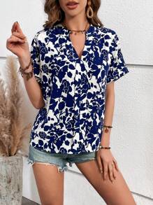 SHEIN VCAY Allover Print Notched Neck Batwing Sleeve Blouse - Blue - View 5