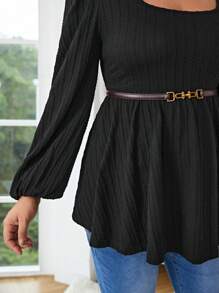 SHEIN Frenchy 大碼燈籠袖荷葉邊下擺T恤不附腰帶 - 黑色 - 查看 6