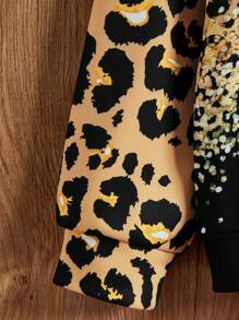 SHEIN Sudadera con cuello redondo con estampado de leopardo para niñas preadolescentes - Negro - Ver 4