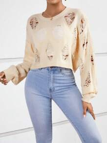 SHEIN Essnce Pull Unicolore Déchiré Épaule tombante - Beige - Voir 3