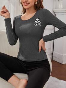 Panda Print Scoop Neck Thermal Underwear Tee - Dark Grey - View 4