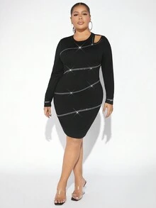 SHEIN LUNE Plus Rhinestone Detail Bodycon Dress - Black - View 4
