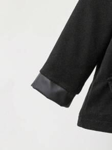 SHEIN Young Girl Fuzzy Trim Hooded Overcoat - Black - View 7