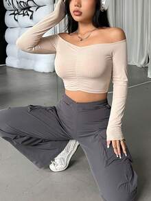 SHEIN EZwear Off Shoulder Viền mặt trước Áo phông Crop - Màu be - Xem 6