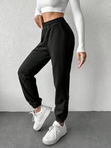RueChic Solid Elastic Waist Slant Pocket Sweatpants - Black - View 3
